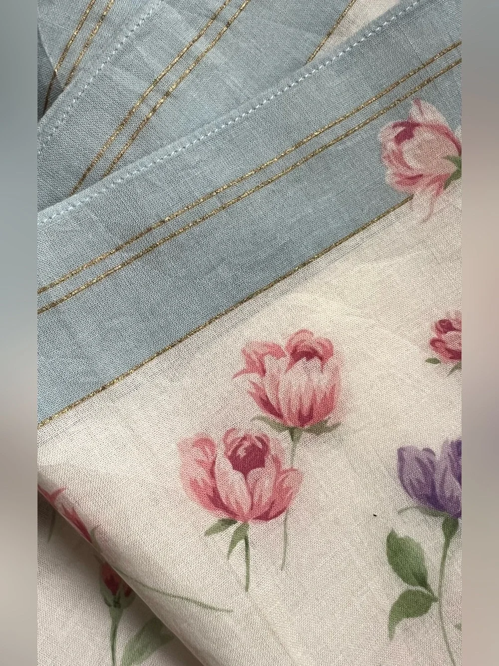 Pierre Balmain Floral Cotton Neckerchief Blue Border Gold Metallic Stripe Scarf